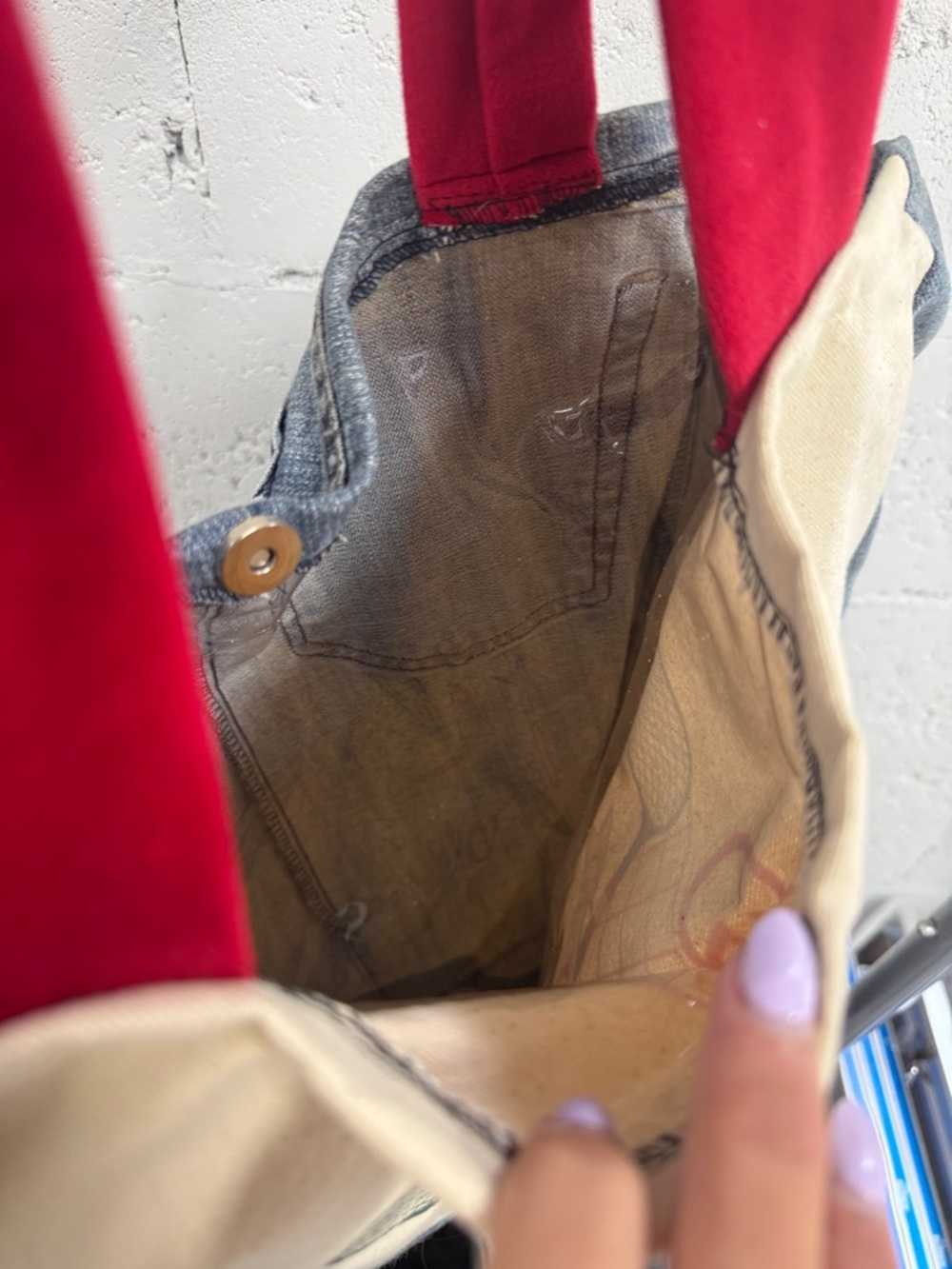 Gucci Upcycled Canvas Tote Red Straps Green Tennis Graphic - Denim Pockets - Picture 4 of 7
